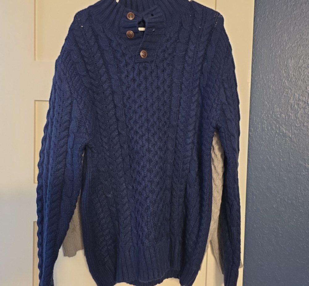 MENS V NECK Cable Knit Sweater with Button Placket - Blue